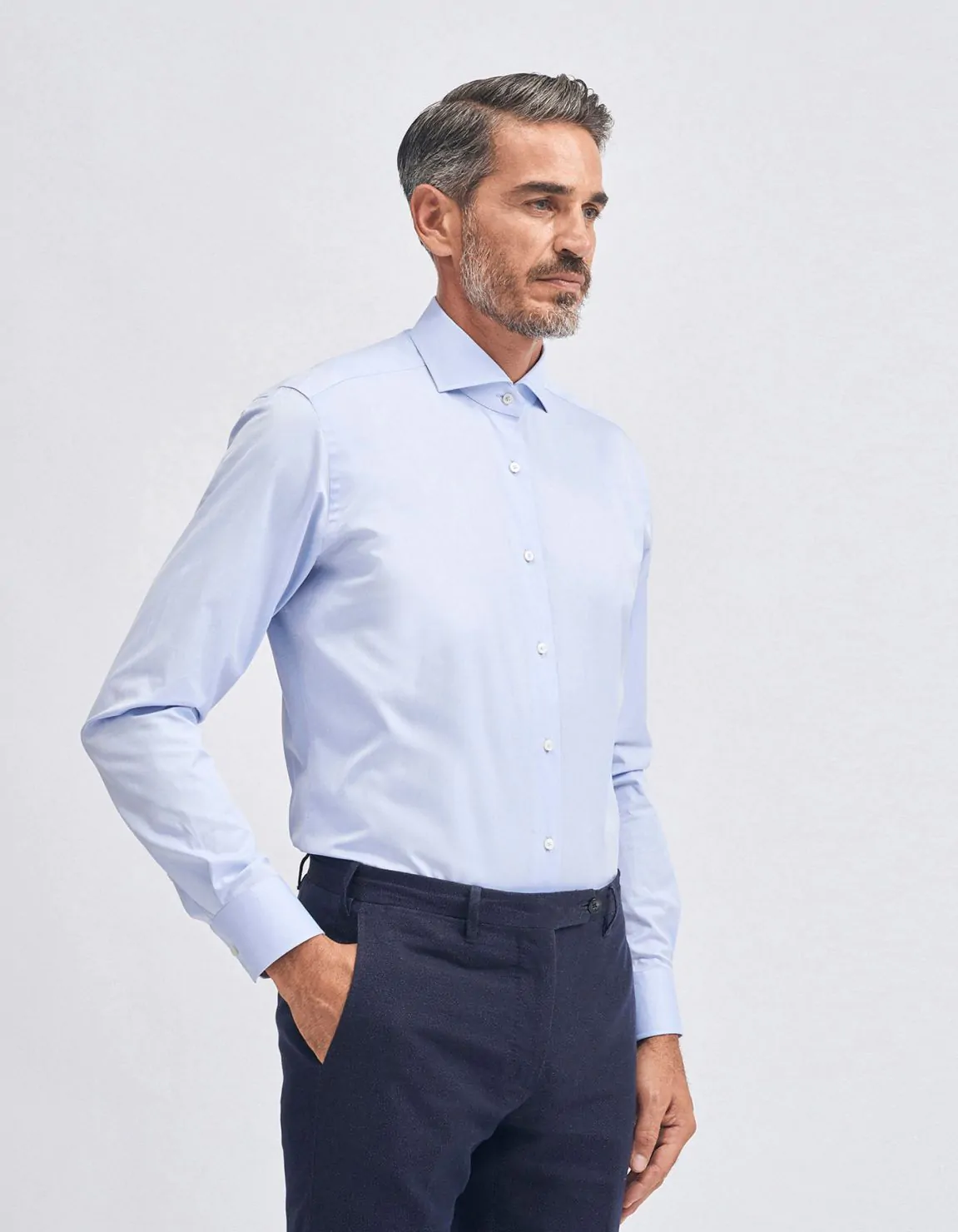 Xacus Camicia Collo francese piccolo Tinta Unita Twill Celeste scuro