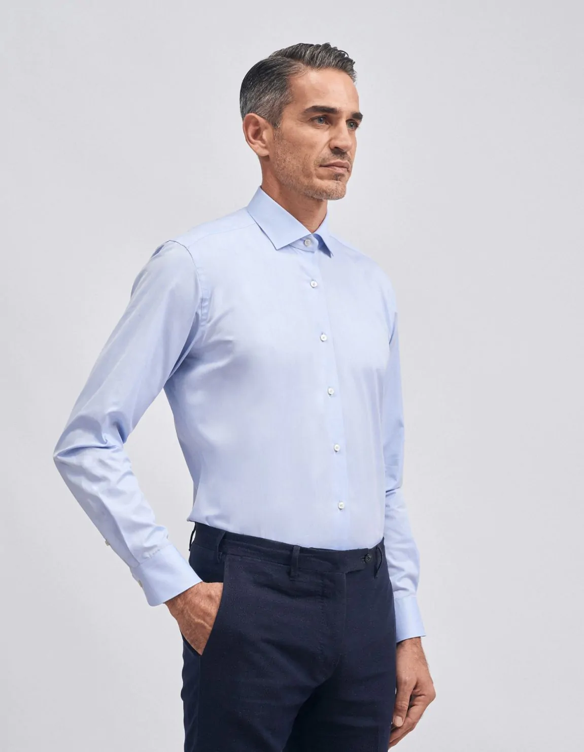 Xacus Camicia Collo francese piccolo Tinta Unita Twill Celeste scuro