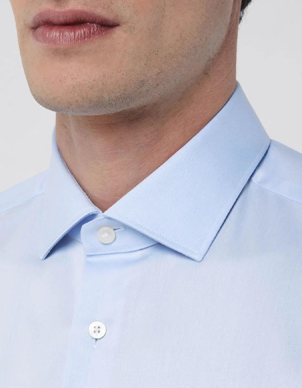 Xacus Camicia Collo francese piccolo Tinta Unita Twill Celeste