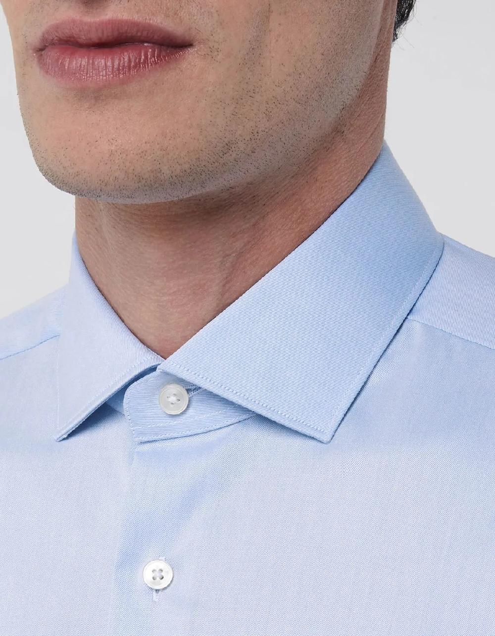 Xacus Camicia Collo francese piccolo Tinta Unita Twill Celeste scuro