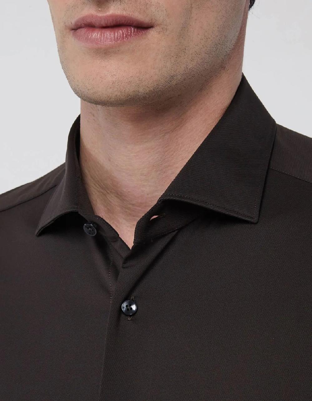 Xacus Camicia Collo francese piccolo Tinta Unita Twill Marrone