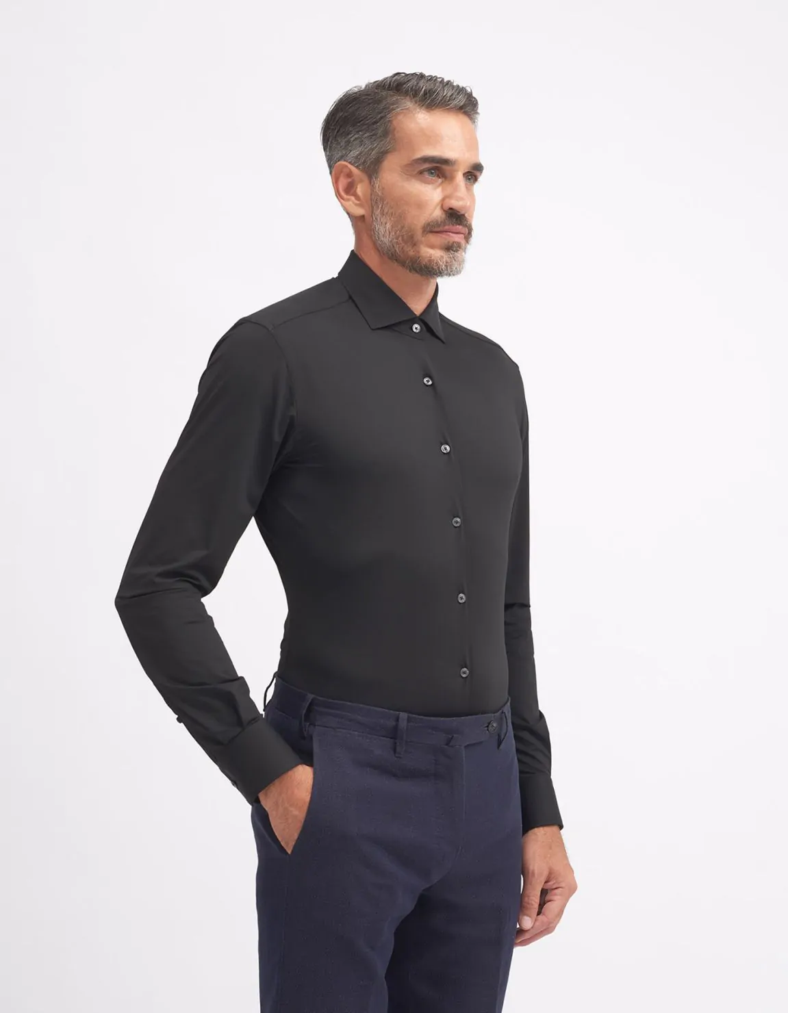 Xacus Camicia Collo francese piccolo Tinta Unita Twill Nero