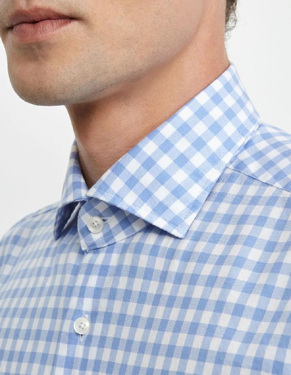 Xacus Camicia Collo francese Quadri Twill Celeste scuro