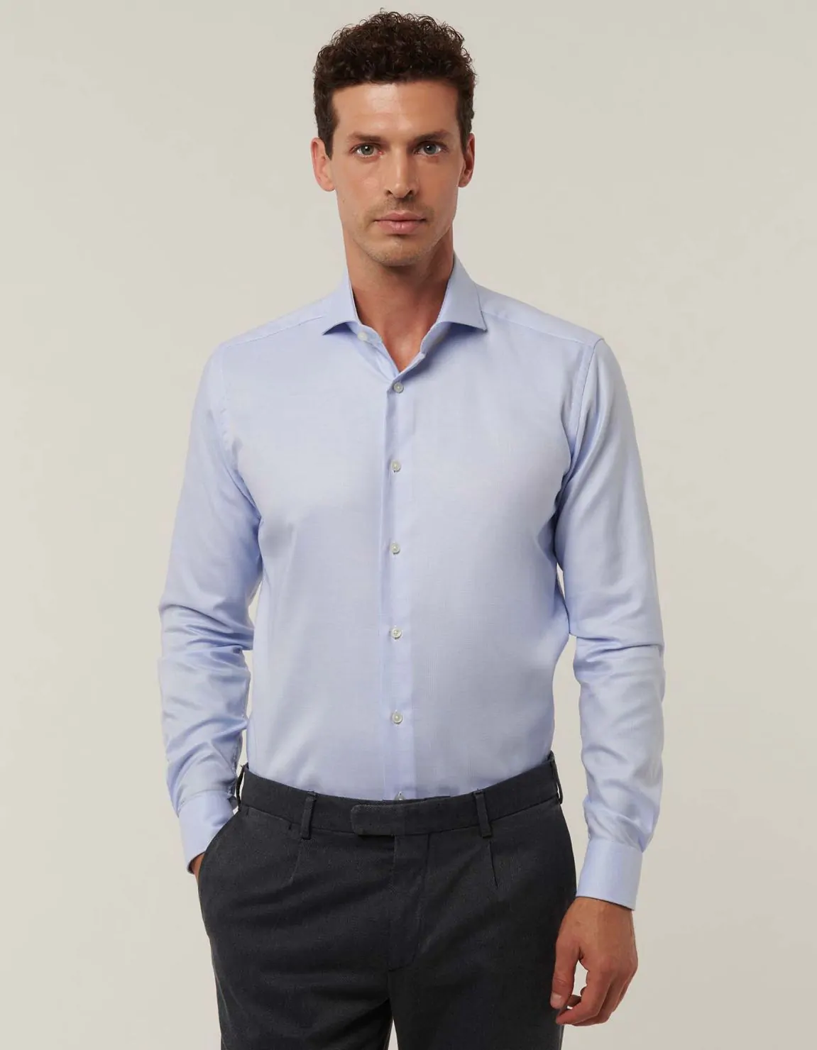 Xacus Camicia Collo francese Tinta Unita Armaturato Celeste chiaro