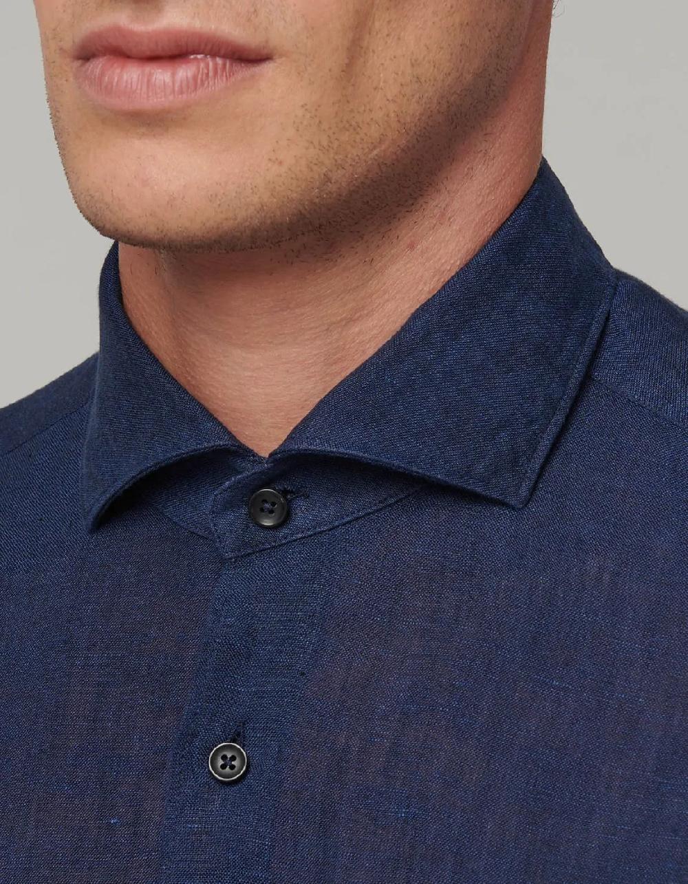 Xacus Camicia Collo francese Tinta Unita Lino Blu scuro