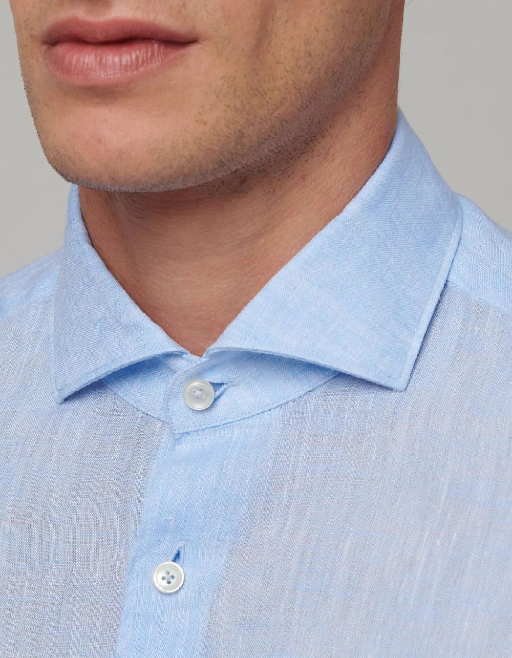 Xacus Camicia Collo francese Tinta Unita Lino Celeste chiaro