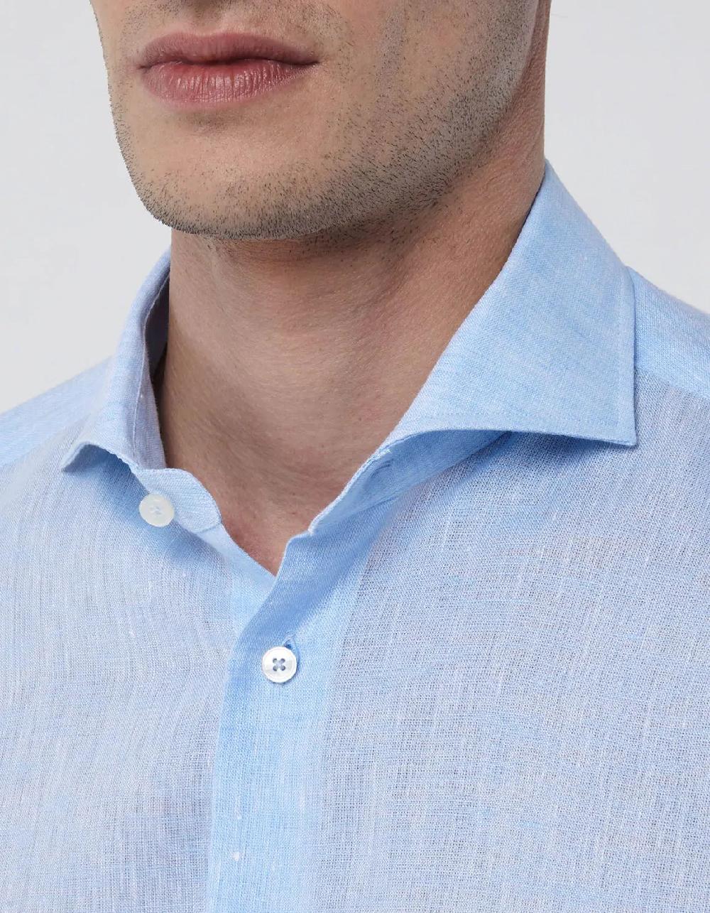 Xacus Camicia Collo francese Tinta Unita Lino Celeste melange