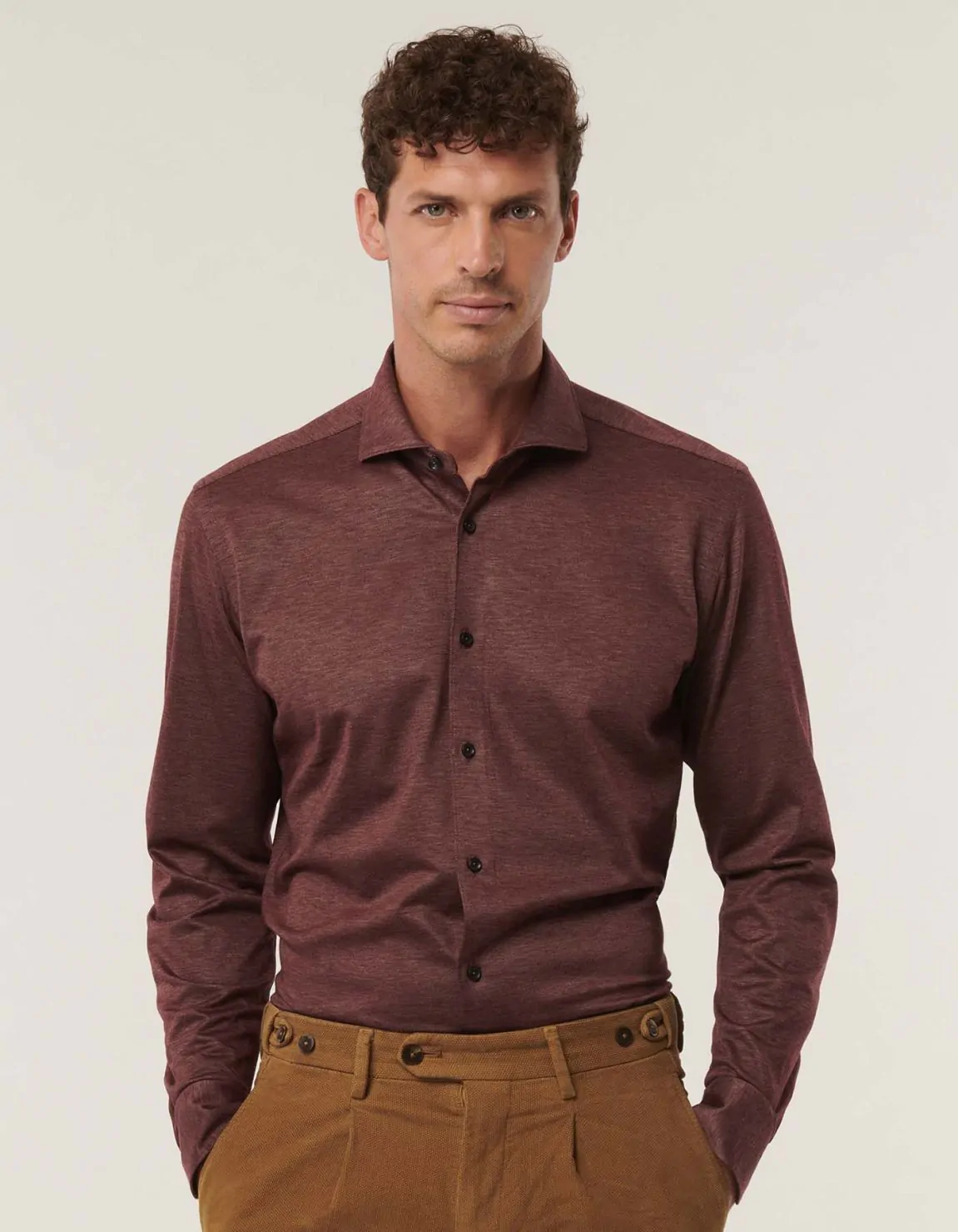 Xacus Camicia Collo francese Tinta Unita Maglia Bordeaux
