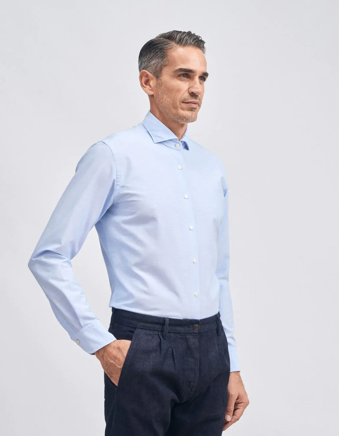 Xacus Camicia Collo francese Tinta Unita Oxford Celeste chiaro