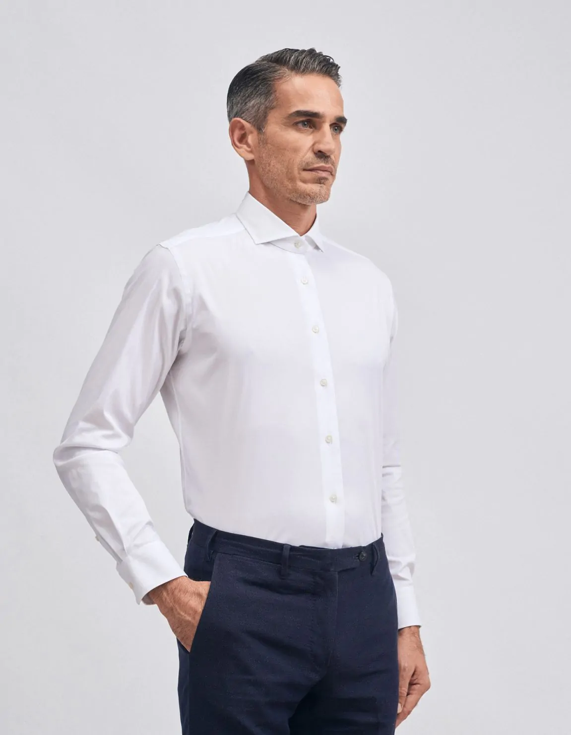 Xacus Camicia Collo francese Tinta Unita Tela Bianco