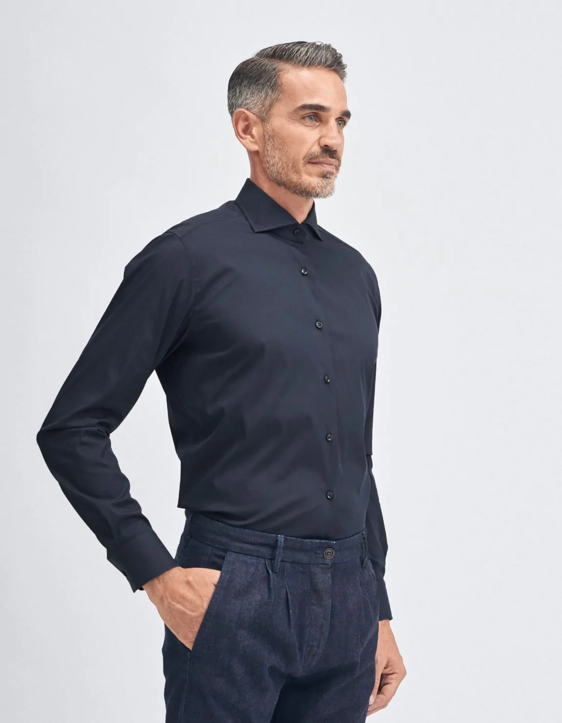 Xacus Camicia Collo francese Tinta Unita Tela Blu navy