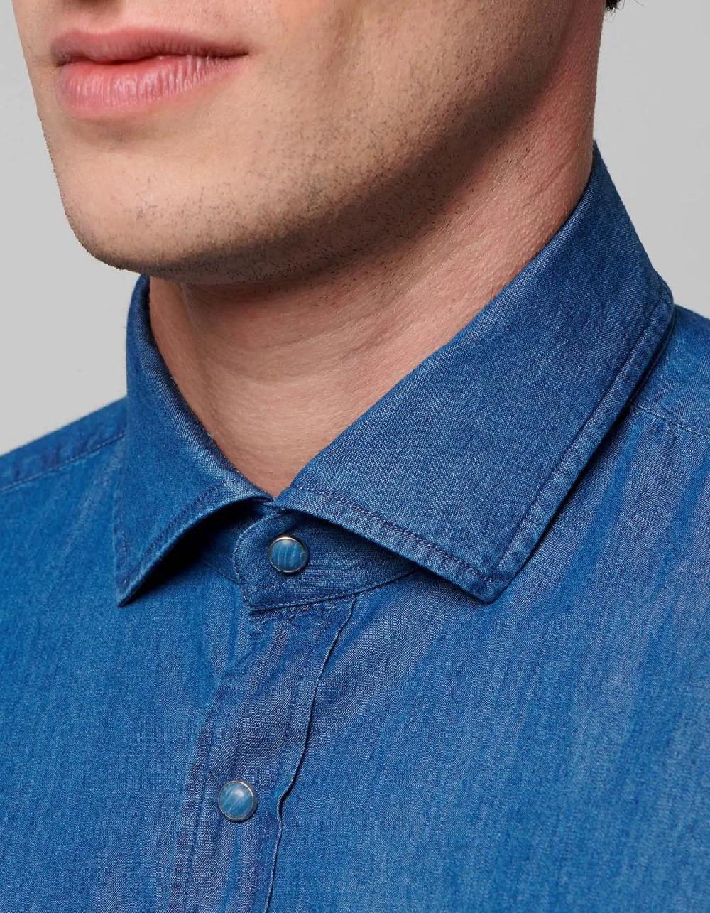 Xacus Camicia Collo francese Tinta Unita Tela Blue jeans