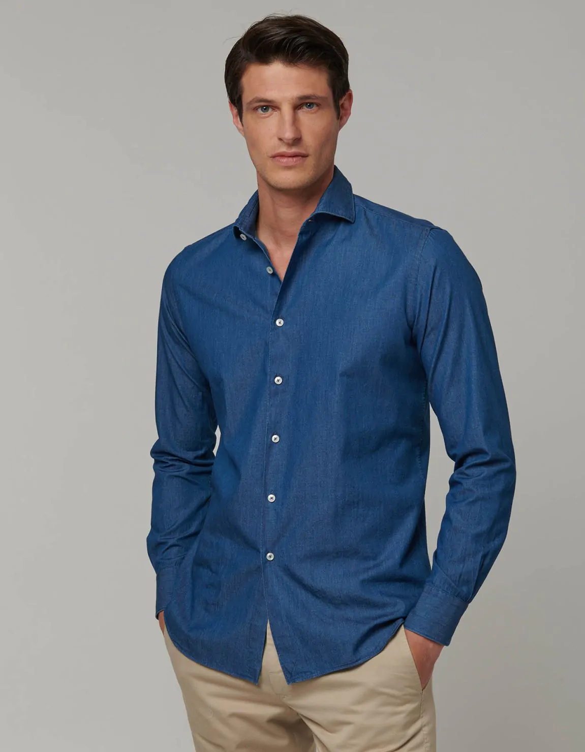 Xacus Camicia Collo francese Tinta Unita Tela Blue jeans