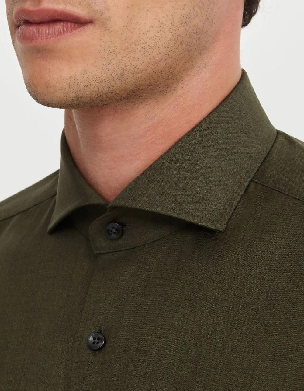 Xacus Camicia Collo francese Tinta Unita Tela Verde