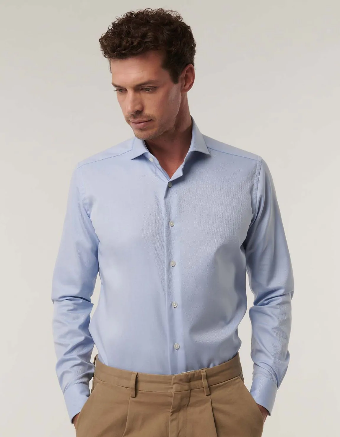 Xacus Camicia Collo francese Tinta Unita Twill Celeste chiaro