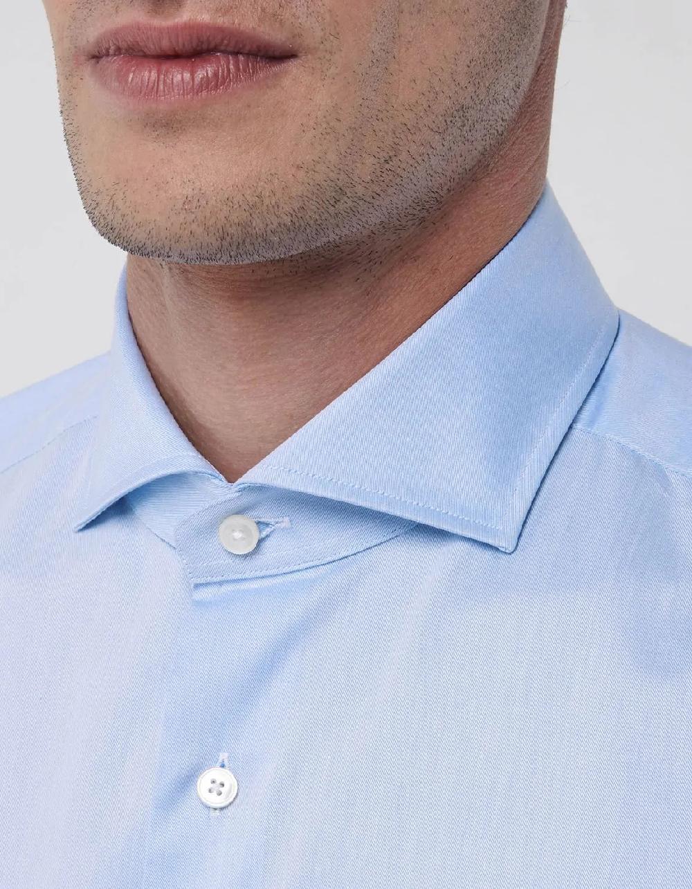 Xacus Camicia Collo francese Tinta Unita Twill Celeste scuro