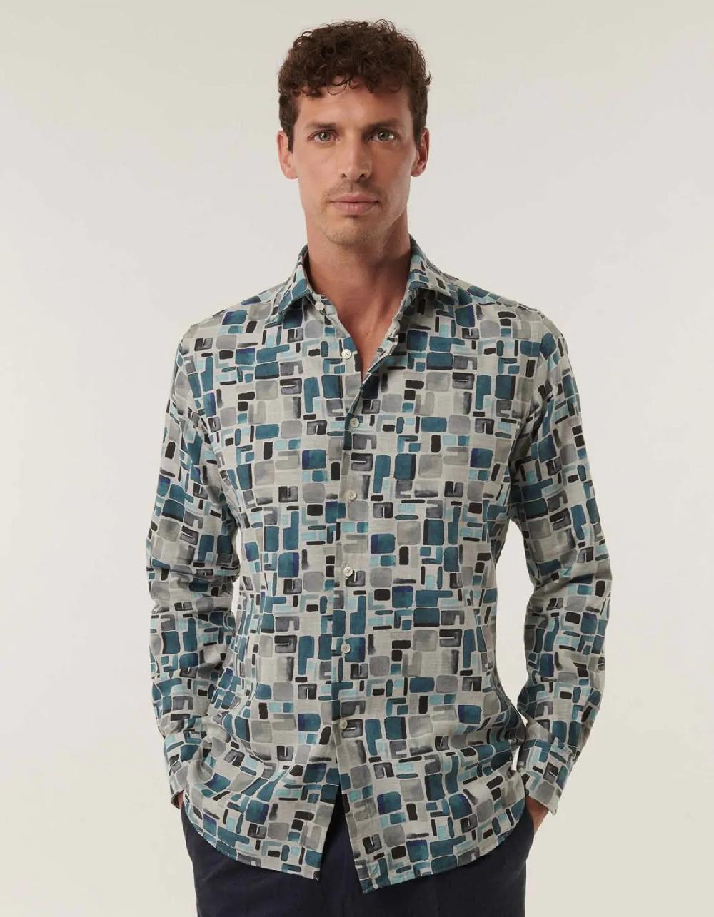 Xacus Camicia Collo italiano aperto Fantasia Twill Grigio melange