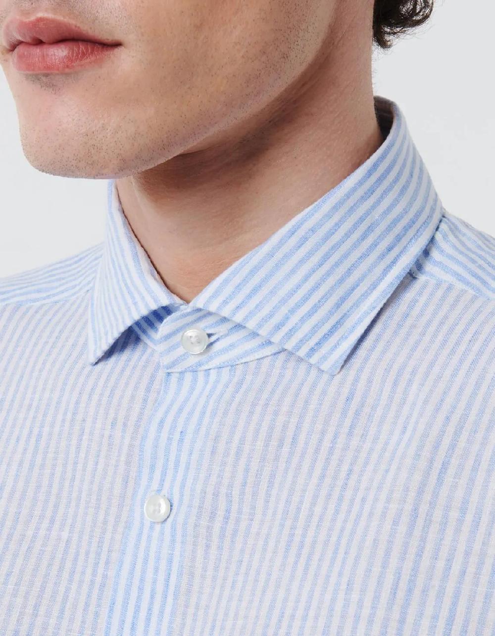 Xacus Camicia Collo italiano aperto Righe Lino Celeste