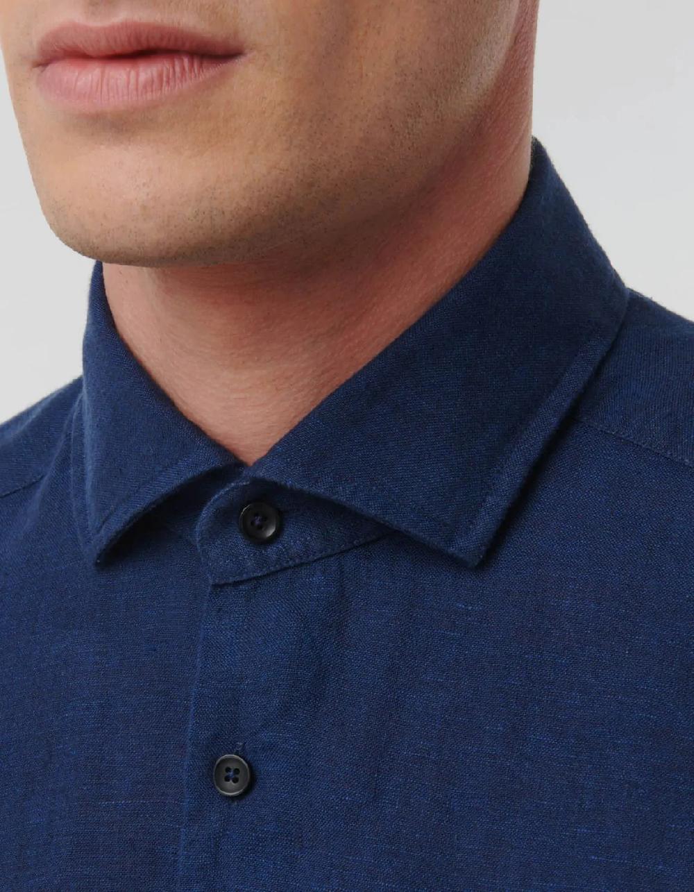 Xacus Camicia Collo italiano aperto Tinta Unita Lino Blu