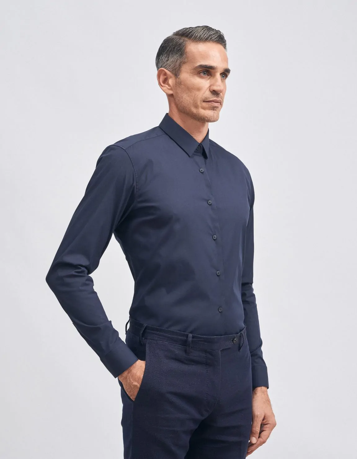 Xacus Camicia Collo italiano piccolo Tinta Unita Tela Blu navy