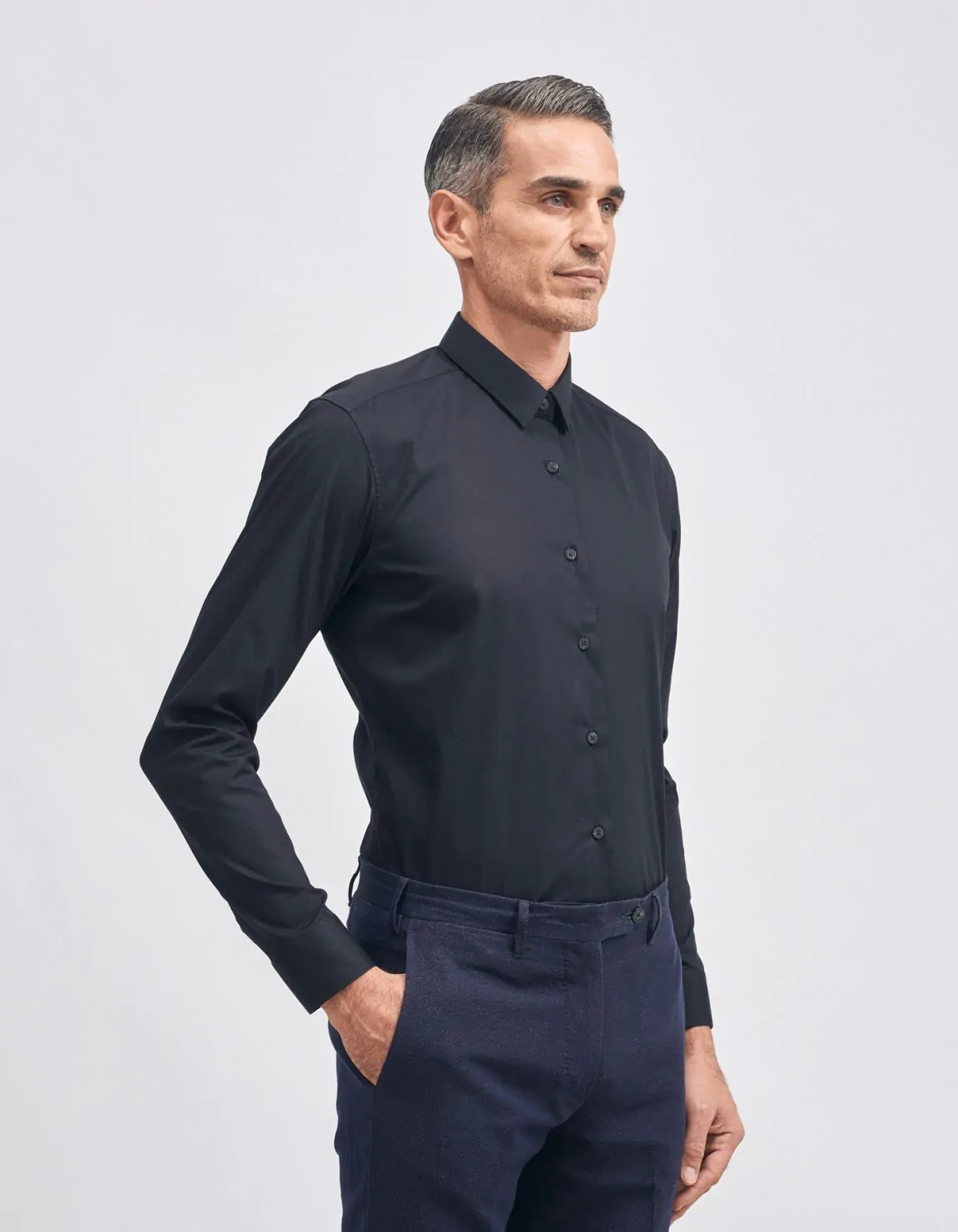 Xacus Camicia Collo italiano piccolo Tinta Unita Tela Nero