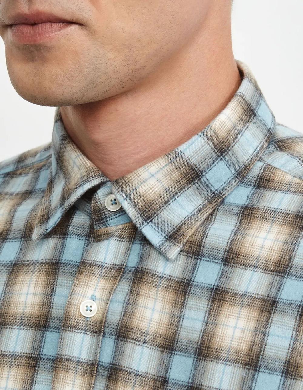 Xacus Camicia Collo italiano Quadri Twill Celeste scuro