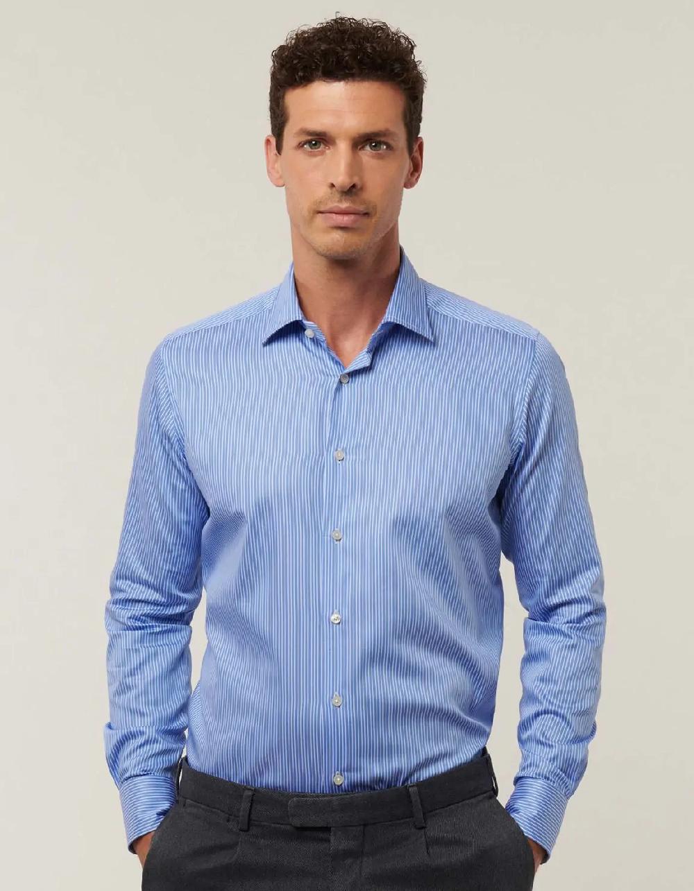 Xacus Camicia Collo italiano Righe Tela Celeste scuro