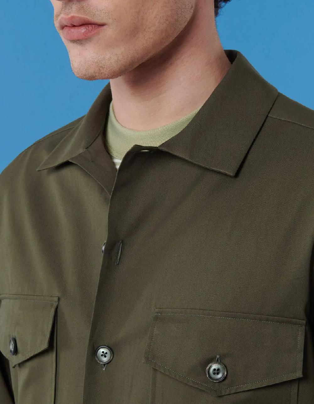 Xacus Camicia Collo italiano Tinta Unita Gabardina Verde militare