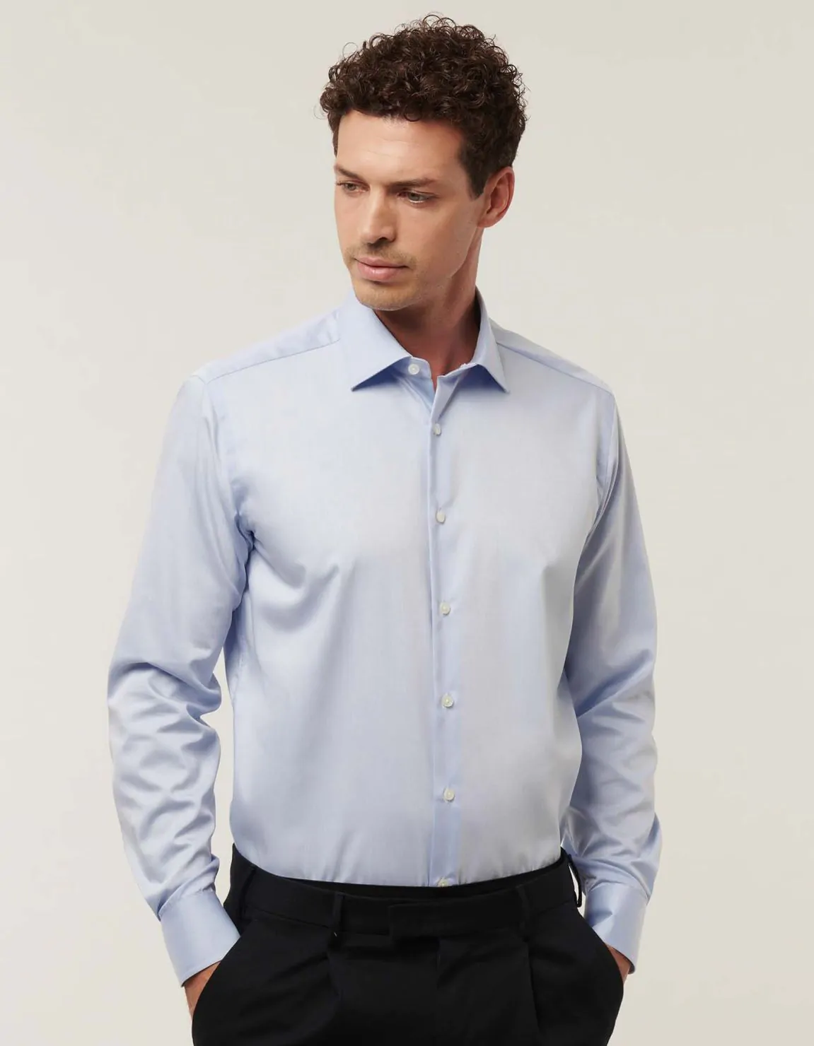 Xacus Camicia Collo italiano Tinta Unita Twill Celeste chiaro