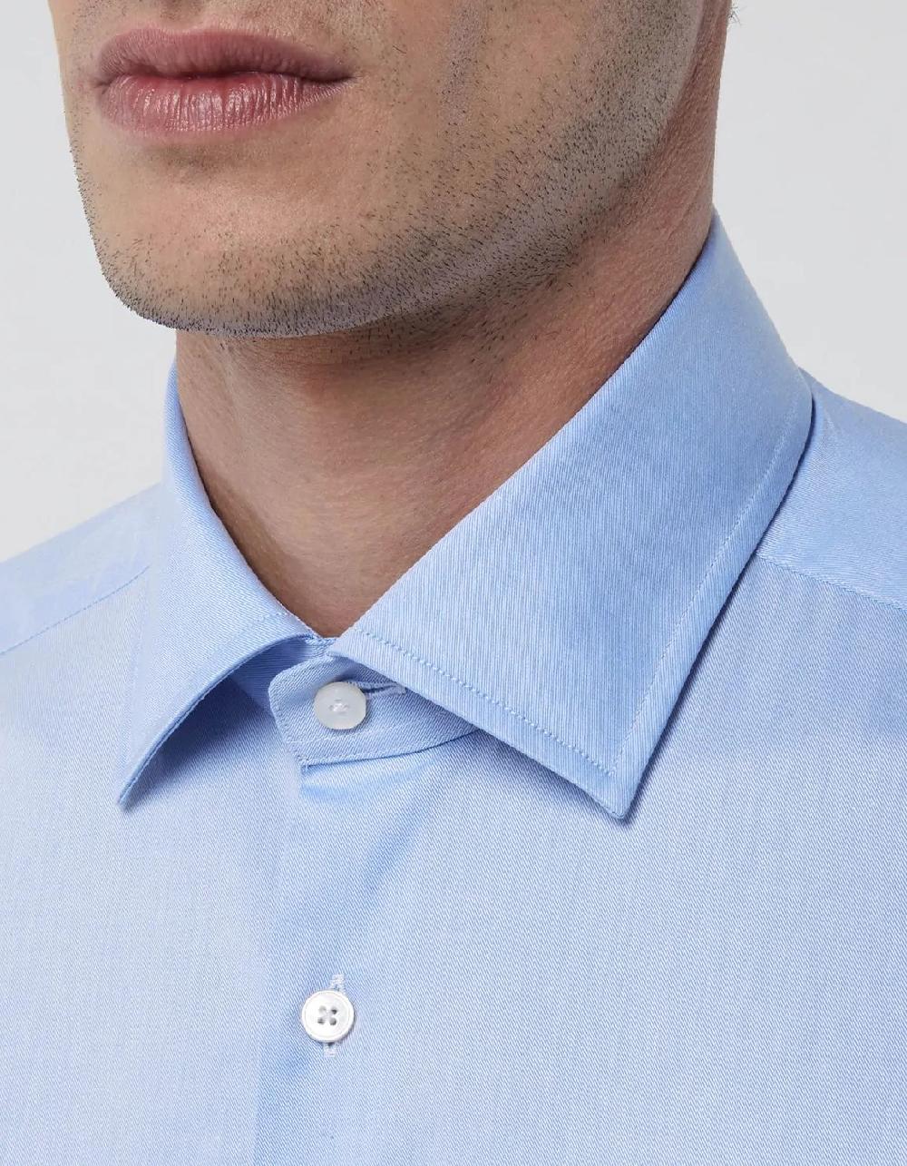 Xacus Camicia Collo italiano Tinta Unita Twill Celeste scuro