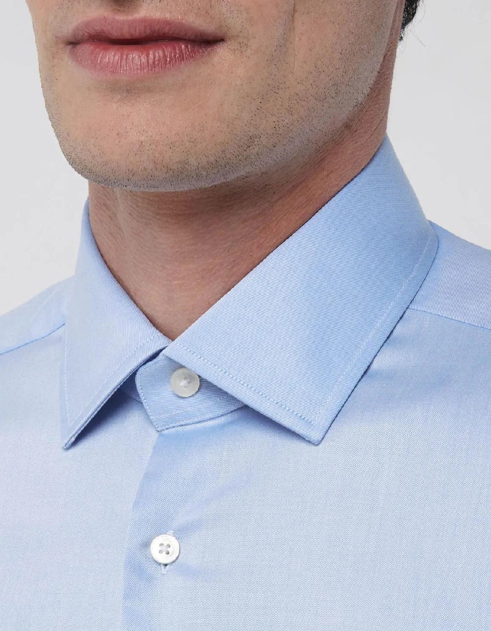 Xacus Camicia Collo italiano Tinta Unita Twill Celeste scuro