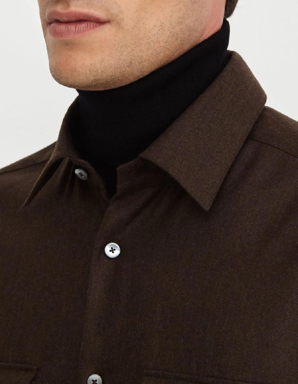 Xacus Camicia Collo italiano Tinta Unita Twill Marrone scuro