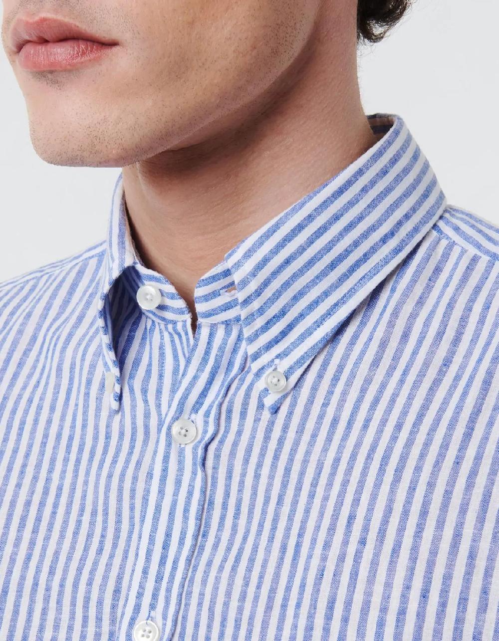 Xacus Camicia Collo button down Righe Lino Blu