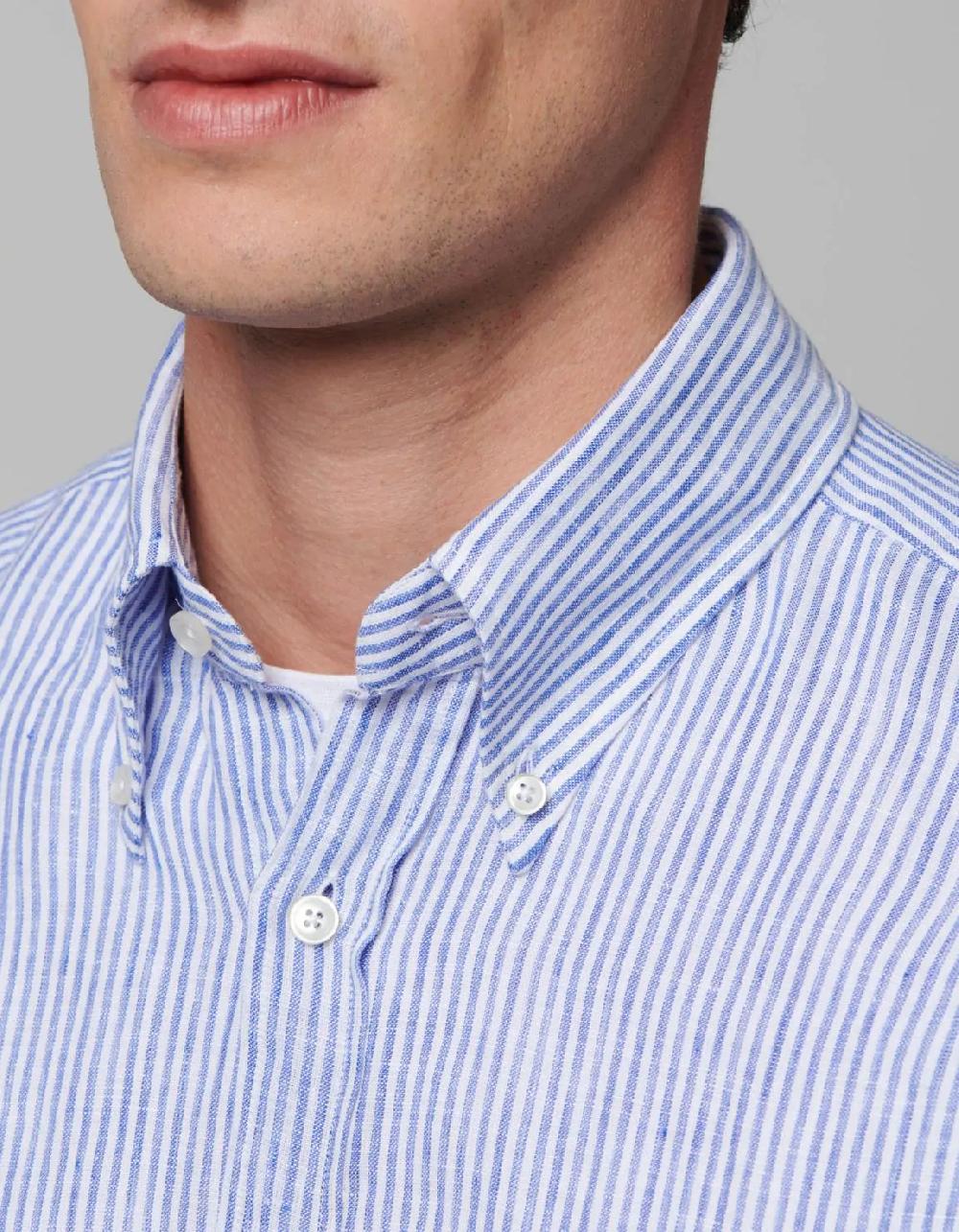 Xacus Camicia Collo button down Righe Lino Blu