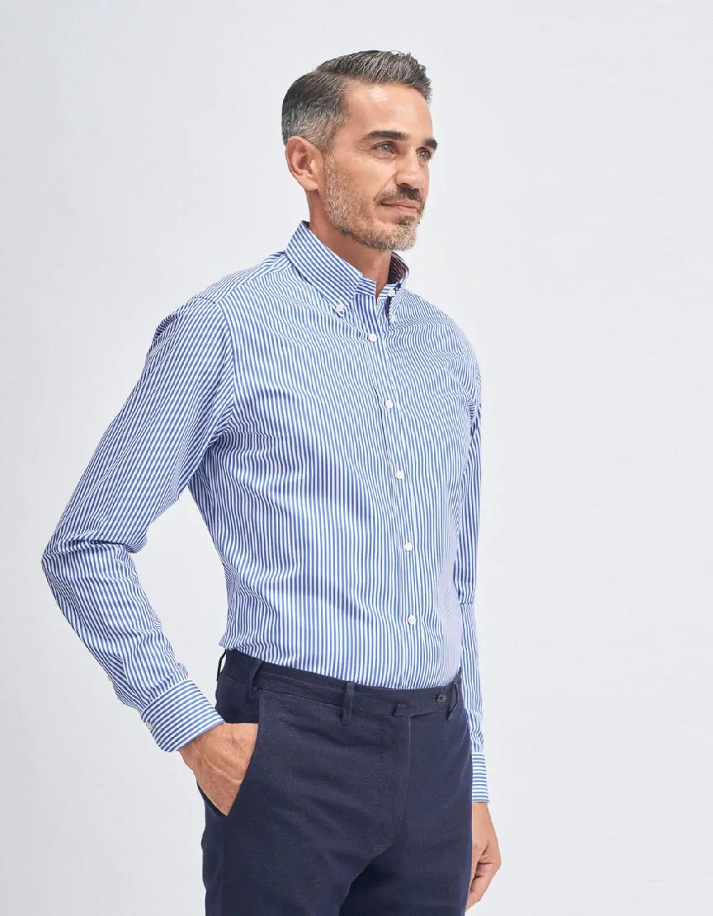 Xacus Camicia Collo button down Righe Popeline Blu