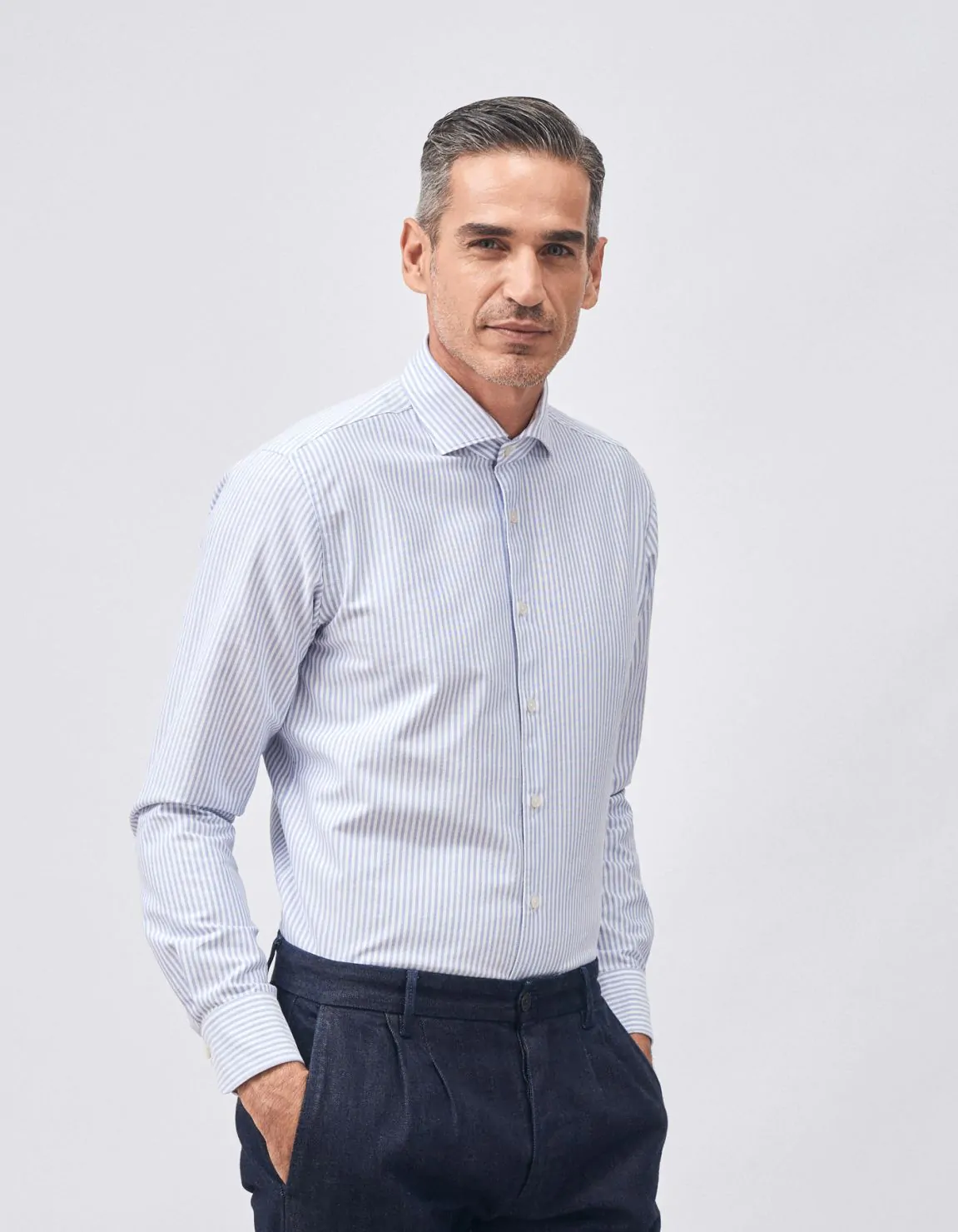 Xacus Camicia Collo francese Righe Oxford Blu