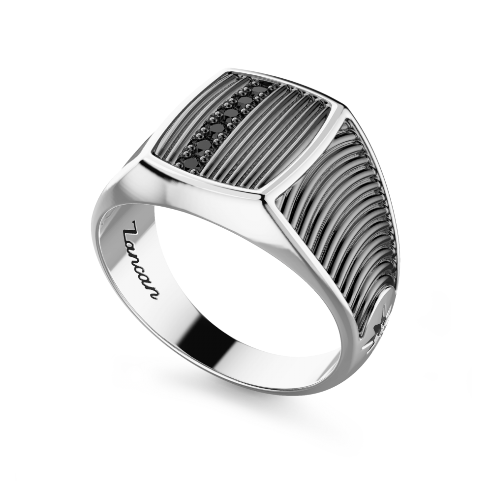 Zancan Anello Chevalier Zancan In Argento Brunito E Pietre Nere