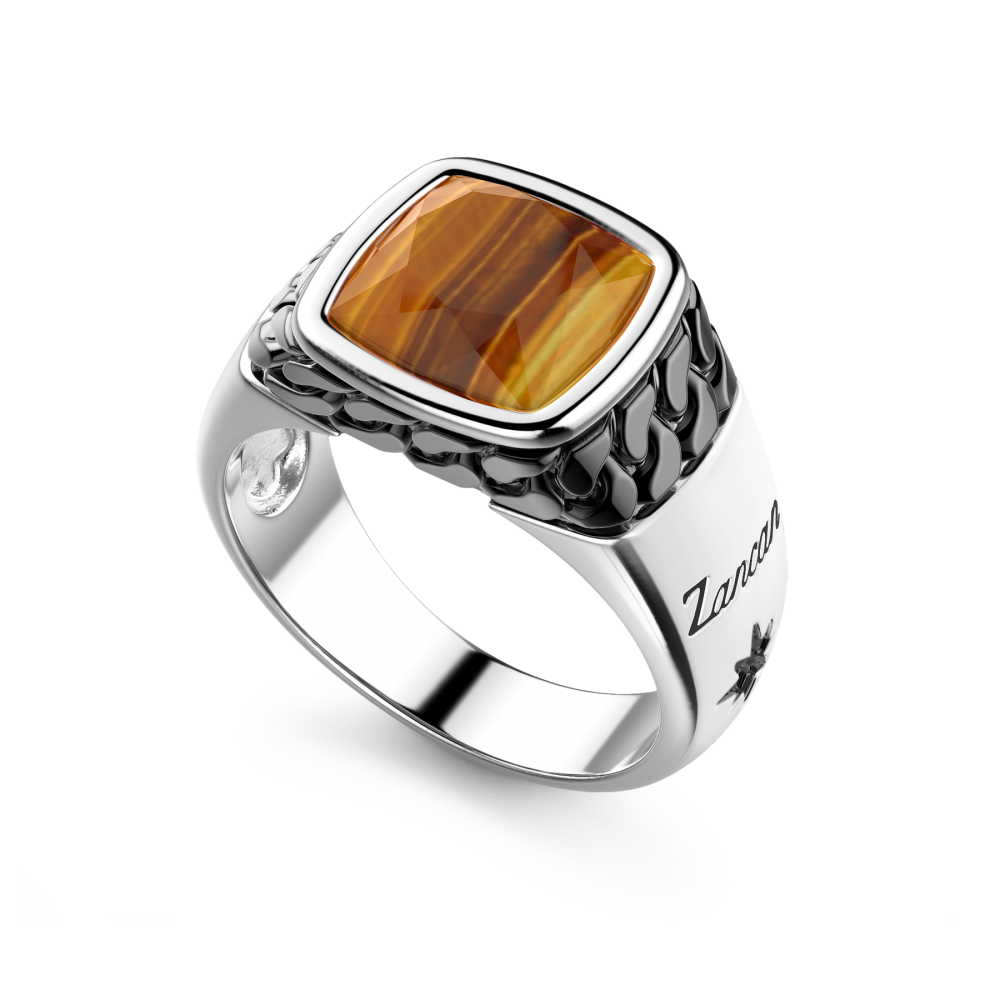 Zancan Anello In Argento Bianco E Nero Con Occhio Di Tigre Naturale