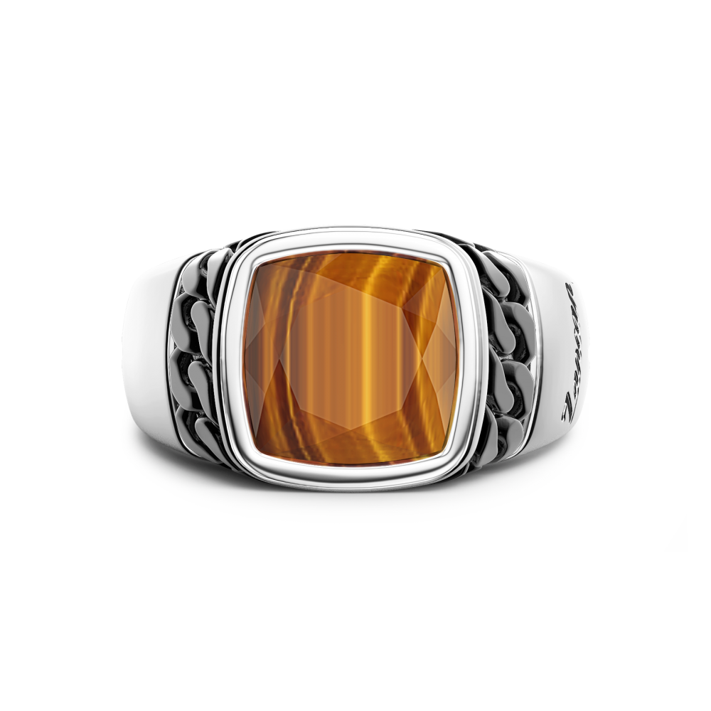 Zancan Anello in argento bianco e nero con occhio di tigre naturale