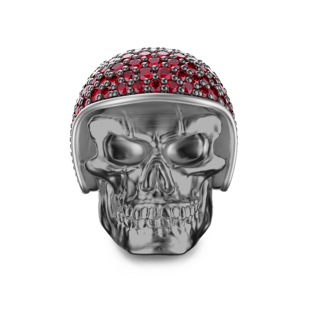 Zancan Anello Zancan In Argento Brunito A Teschio Biker Con Pietre Rosse
