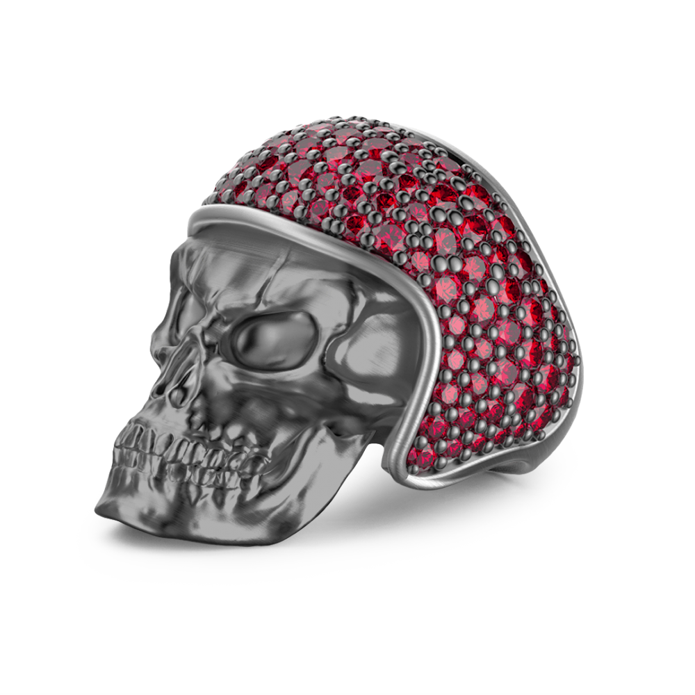 Zancan Anello Zancan in argento brunito a teschio biker con pietre rosse