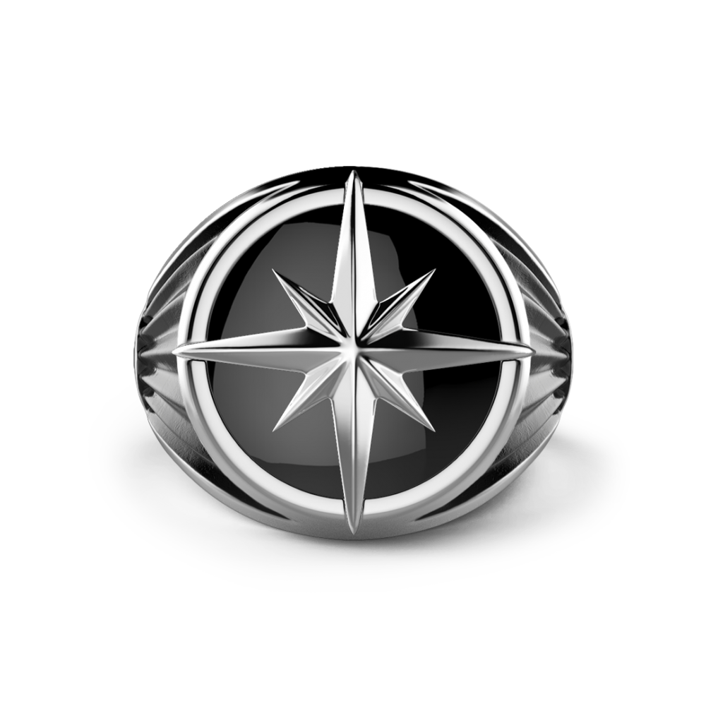 Zancan Anello Zancan in argento con l'iconica rosa dei venti su pietra onice