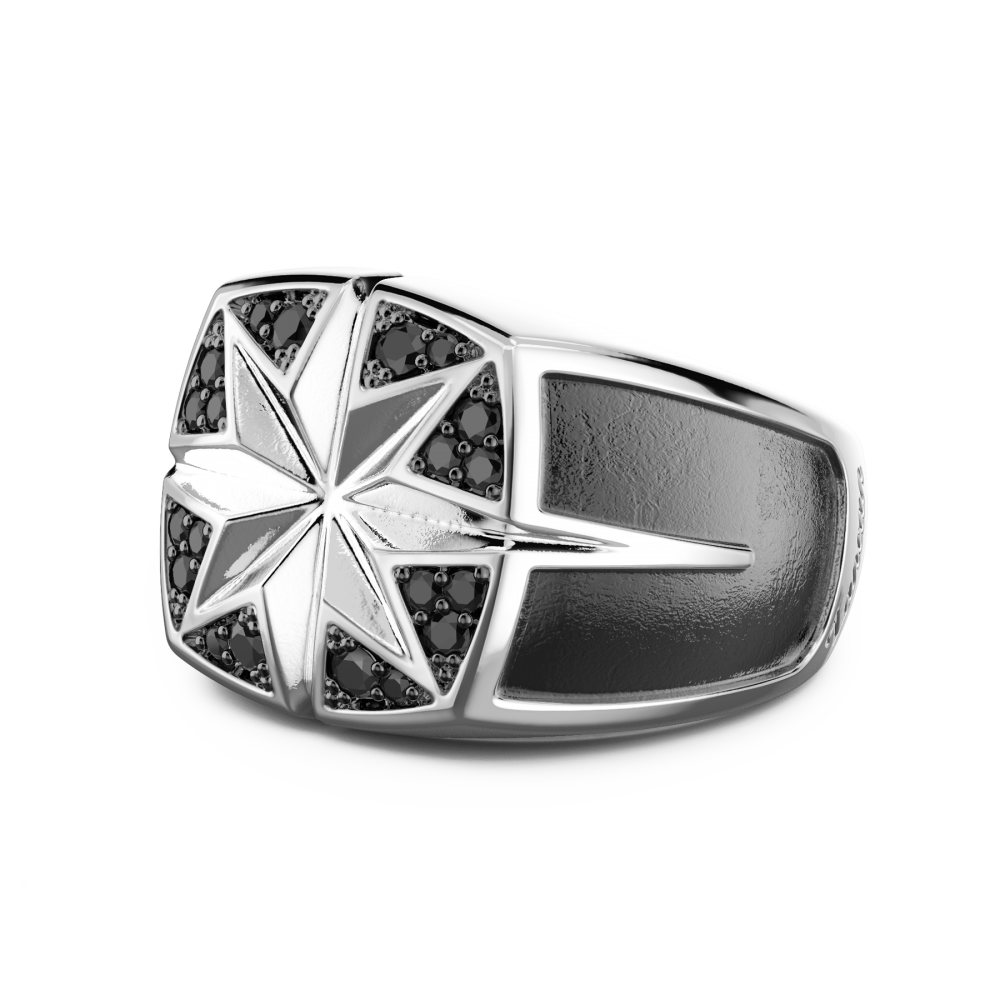 Zancan Anello Zancan In Argento Con Rosa Dei Venti Incisa E Pietre Nere