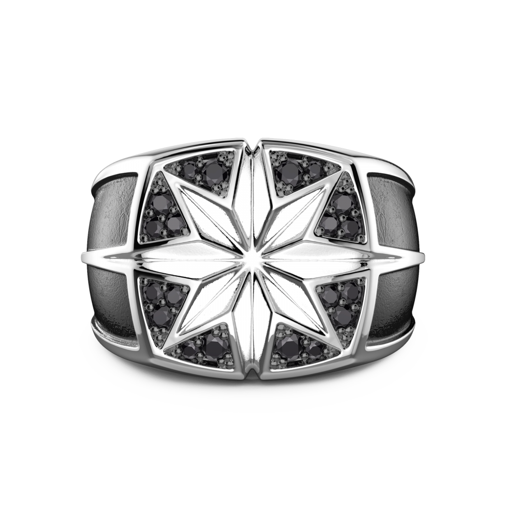 Zancan Anello Zancan in argento con rosa dei venti incisa e pietre nere