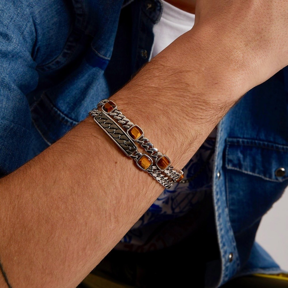 Zancan Bracciale A Grumetta Zancan Con Targa E Pietra Occhio Di Tigre