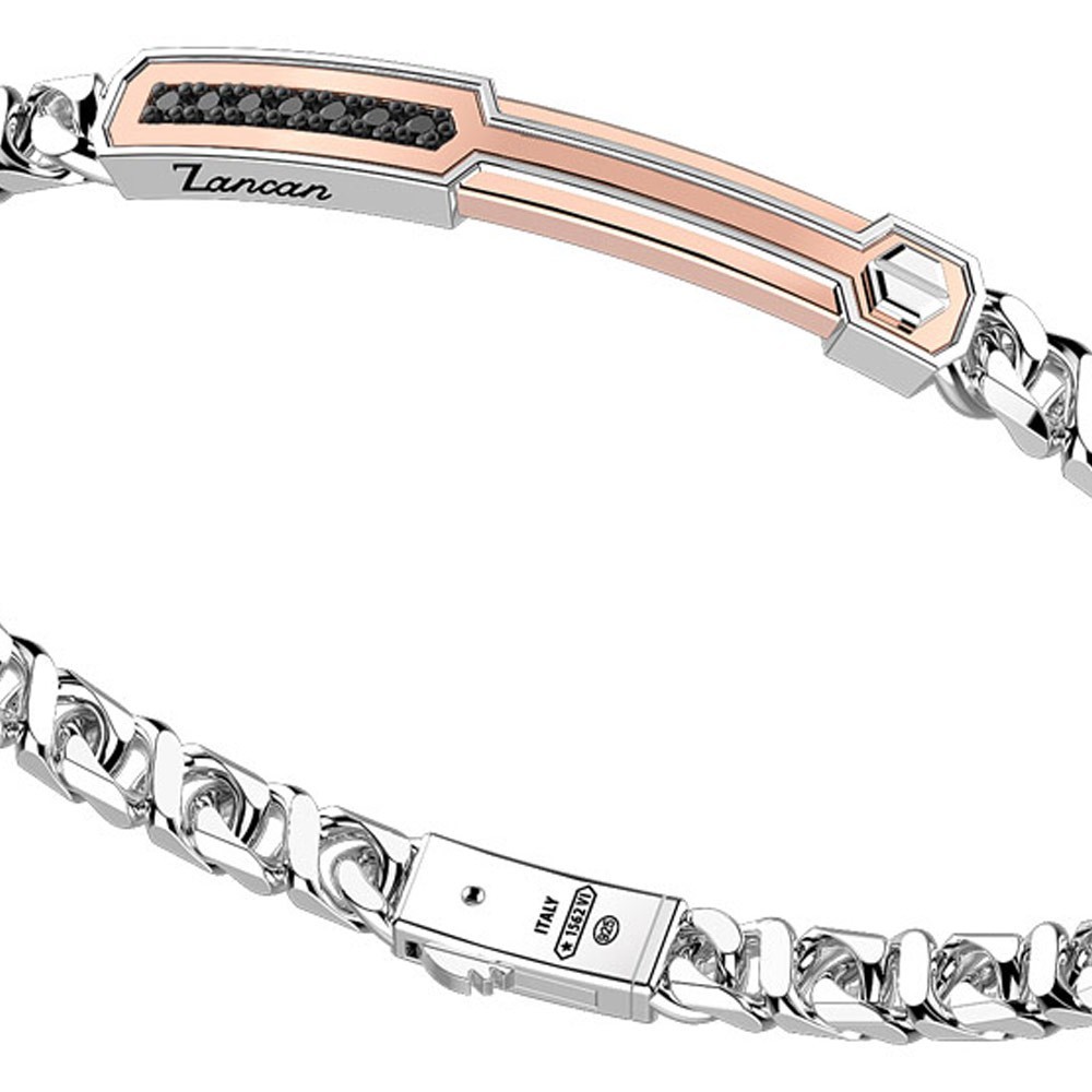 Zancan Bracciale A Grumetta Zancan In Argento Con Targa Ed Inserti In Oro Rosa E Pietre Nere