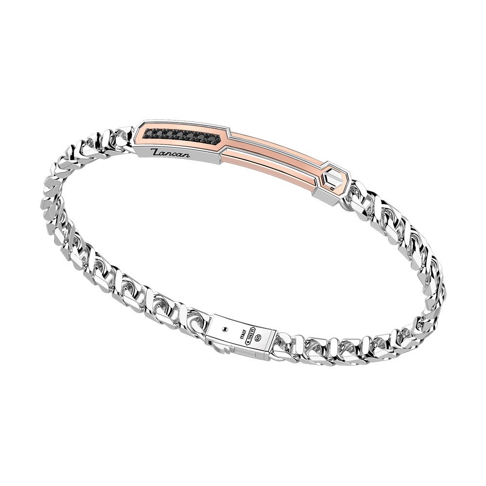 Zancan Bracciale a grumetta Zancan in argento con targa ed inserti in oro rosa e pietre nere