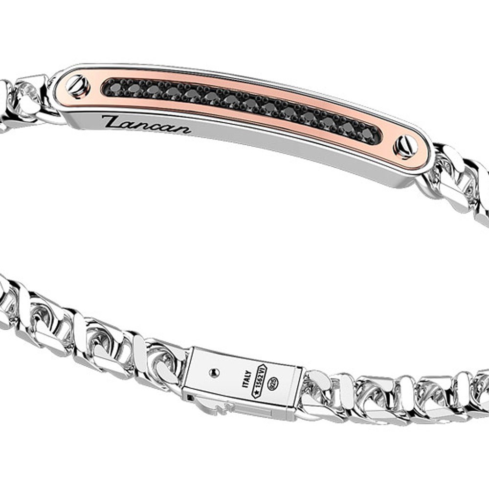 Zancan Bracciale A Grumetta Zancan In Argento Con Targa Ed Inserti In Oro Rosa E Pietre Nere