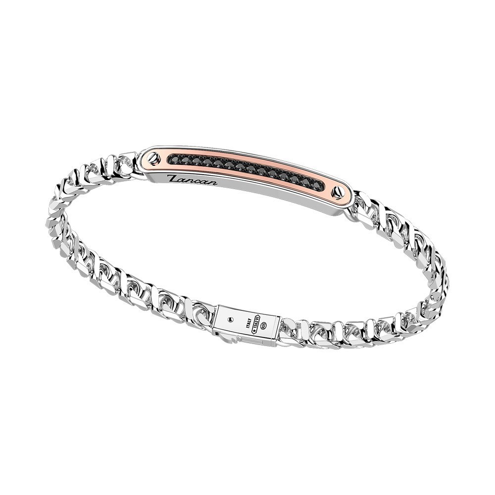 Zancan Bracciale a grumetta Zancan in argento con targa ed inserti in oro rosa e pietre nere