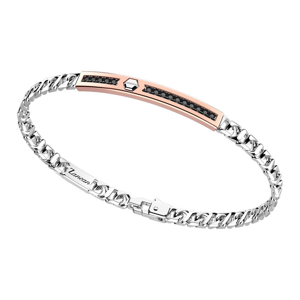 Zancan Bracciale a grumetta Zancan in argento con targa ed inserti in oro rosa e pietre nere